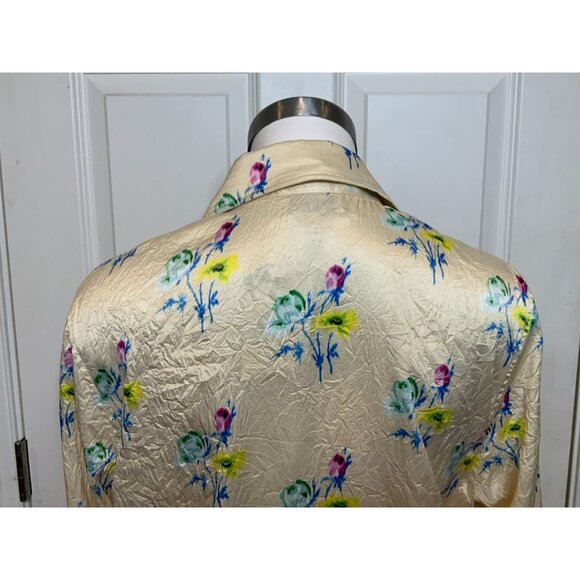GANNI Floral Ruched Crinkled Cream Satin Long Sleeve Shirt, Size 44 | 14 - Picture 10 of 12